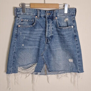 & Denim button fly distress bias cut jean skirt SZ 8